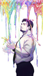 Rule 34 | 1boy, absurdres, arms at sides, bara, black pants, facial hair, formal, from side, goatee, highres, lgbt pride, male focus, mature male, necktie, open hands, original, pants, rainbow gradient, salaryman, short hair, solo, spill, spilling, stubble, white background, yzpyn