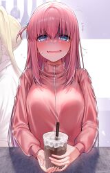 Rule 34 | @ @, absurdres, blue eyes, blush, bocchi the rock!, breasts, cube hair ornament, cup, disposable cup, drinking straw, gotoh hitori, hair between eyes, hair ornament, highres, holding, holding cup, jacket, large breasts, long hair, long sleeves, looking at viewer, nervous smile, open mouth, pink hair, pink jacket, sidelocks, smile, sweatdrop, track jacket, twitter username, upper body, yayoi maka