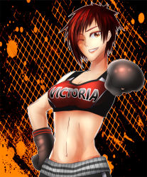 Rule 34 | 1girl, ;d, absurdres, bad id, bad pixiv id, boxing gloves, breasts, clothes writing, dead or alive, dead or alive 5, highres, large breasts, looking at viewer, midriff, mila (doa), one eye closed, open mouth, red eyes, red hair, short hair, shorts, slvrgrss, smile, solo, sports bra
