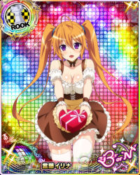 Rule 34 | 1girl, ahoge, bare shoulders, bow, box, breasts, brown hair, card (medium), chess piece, cleavage, clothes lift, dress, gift, gift box, heart-shaped box, high school dxd, high school dxd pi, large breasts, long hair, looking at viewer, official art, open mouth, purple eyes, rook (chess), shidou irina, short sleeves, solo, sun, thighhighs, tongue, twintails, white thighhighs