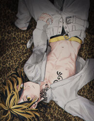 Rule 34 | 1boy, animal print, belt, black hair, boxers, chest tattoo, closed mouth, collarbone, hair between eyes, hand on own thigh, hanemiya kazutora, highres, jacket, leopard print, light blush, long sleeves, looking at viewer, lying, male focus, male underwear, mole, mole under eye, multicolored hair, nama, neck tattoo, nipples, no shirt, on back, open belt, open clothes, open jacket, pants, pectorals, solo, spotlight, streaked hair, tattoo, tokyo revengers, torso, underwear, upside-down, white belt, white jacket, white pants, wolf cut, yellow eyes