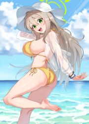 Rule 34 | 1girl, :d, ass, bare arms, bare legs, bare shoulders, barefoot, beach, bikini, blue archive, blush, breasts, day, feet, front-tie top, green eyes, halo, hat, highres, jacket, kadokadokado, large breasts, light brown hair, long hair, looking at viewer, nonomi (blue archive), nonomi (swimsuit) (blue archive), ocean, official alternate costume, open mouth, outdoors, see-through, see-through jacket, side-tie bikini bottom, sideboob, sky, smile, solo, string bikini, sun hat, swimsuit, thighs, toes, very long hair, water, white hat, yellow bikini