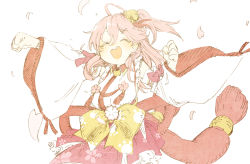 Rule 34 | 1girl, abara heiki, ahoge, bell, cherry blossom print, clenched hands, closed eyes, detached sleeves, floral print, hair bell, hair ornament, hairclip, hololive, open mouth, paw print, paw print pattern, petals, pink hair, sakura miko, sakura miko (1st costume), solo, teeth, upper teeth only, virtual youtuber, white background, x hair ornament