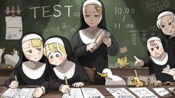Rule 34 | 5girls, arrow (symbol), beak, beret, bird, blonde hair, blue eyes, book, brown eyes, brown hair, chalkboard, cheating (competitive), cheek press, chicken, clumsy nun (diva), commentary, crumpled paper, diva (hyxpk), duck, duckling, earthworm, english commentary, english text, flower, froggy nun (diva), grey hair, habit, hair flower, hair ornament, hairclip, hat, highres, holding, holding book, holding pencil, holding telescope, letter, little nuns (diva), mole, mole (animal), mole under eye, mole under mouth, multiple girls, nervous sweating, nun, pencil, pointing, rolled up, scowl, shaded face, shadow, sign, smug nun (diva), spicy nun (diva), strict nun (diva), sweat, tears, telescope, academic test, traditional nun, triangle mouth, yellow eyes
