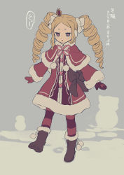 Rule 34 | 1girl, absurdres, beatrice (re:zero), blonde hair, blue eyes, blush, boots, bow, brown bow, brown footwear, butterfly-shaped pupils, capelet, commentary request, crown, dress, drill hair, full body, fur-trimmed capelet, fur-trimmed dress, fur trim, highres, iwamushi, long hair, long sleeves, looking down, mini crown, mittens, pantyhose, re:zero kara hajimeru isekai seikatsu, red capelet, red dress, sidelocks, solo, standing, striped clothes, striped pantyhose, symbol-shaped pupils, translation request, twin drills, twintails