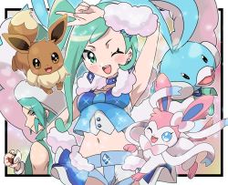 Rule 34 | 1boy, 1girl, ;d, altaria, arm up, arm warmers, armpits, blush, collarbone, commentary request, creatures (company), earrings, eevee, eyelashes, fu (tk1189227dhy), game freak, gen 1 pokemon, gen 3 pokemon, gen 6 pokemon, green eyes, green hair, holding, holding poke ball, jewelry, lisia (pokemon), looking at viewer, navel, nintendo, one eye closed, open mouth, poke ball, poke ball (basic), pokemon, pokemon oras, shorts, shorts under skirt, showgirl skirt, single sidelock, smile, sparkle, sylveon, teeth, tongue, uncle and niece, upper teeth only, v, wallace (pokemon)