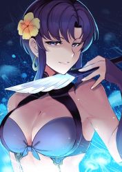 Rule 34 | 1girl, bare shoulders, bikini, blue eyes, blue hair, breasts, cleavage, earrings, elbow gloves, fire emblem, fire emblem: the blazing blade, fire emblem heroes, gloves, highres, jewelry, knife, large breasts, looking at viewer, nakabayashi zun, nintendo, purple hair, short hair, simple background, smile, solo, swimsuit, ursula (fire emblem), ursula (summer) (fire emblem), weapon