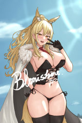 Rule 34 | 1girl, :d, animal ears, areola slip, arknights, ayouhuihuawu, between breasts, black gloves, black panties, black thighhighs, blemishine (arknights), blonde hair, blue sky, breasts, brown eyes, cape, character name, cleavage, cowboy shot, day, extra ears, fur-trimmed cape, fur trim, gloves, hand on own hip, highres, horse ears, horse girl, horse tail, large breasts, lens flare, long hair, looking at viewer, navel, necktie, necktie between breasts, open mouth, outdoors, panties, ponytail, red necktie, side-tie panties, sky, smile, solo, stomach, tail, thighhighs, underwear, v, white cape