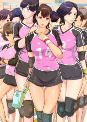 Rule 34 | 6+girls, ball, black hair, blush, brown eyes, brown hair, character request, cloneningen, copyright request, elbow pads, glasses, gym uniform, highres, knee pads, lips, long hair, looking at viewer, multiple girls, playing sports, purple eyes, short hair, smile, sportswear, volleyball, volleyball (object), volleyball net, volleyball uniform, yellow eyes