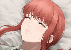 Rule 34 | 1girl, black necktie, blush, braid, braided ponytail, chainsaw man, close-up, closed eyes, closed mouth, collared shirt, commentary request, eyelashes, highres, lips, long hair, makima (chainsaw man), necktie, no10 direct, on bed, paid reward available, red hair, shadow, shirt, sidelocks, sleeping, solo, swept bangs, white shirt