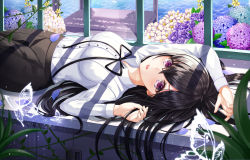 Rule 34 | 1girl, absurdres, arm up, black hair, black pants, breasts, bug, butterfly, crossed bangs, daisy, day, flower, gongha, hair between eyes, hand up, highres, huge filesize, hydrangea, indoors, insect, long hair, long sleeves, looking at viewer, lying, medium breasts, neck ribbon, on back, open mouth, original, pants, plant, purple eyes, purple flower, ribbon, rose, shirt, shirt tucked in, solo, sunlight, water, white flower, white shirt, window, window shadow