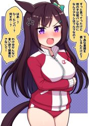 Rule 34 | 1girl, anger vein, animal ears, blue bow, blush, bow, breasts, brown hair, buruma, commentary request, cowboy shot, crossed arms, ear bow, fourth wall, hair ornament, hairclip, highres, horse ears, horse girl, horse tail, jacket, long hair, long sleeves, looking at viewer, medium breasts, mejiro dober (umamusume), open mouth, polka dot, polka dot background, purple background, red buruma, red jacket, solo, tail, takiki, track jacket, translation request, two-tone background, umamusume, v-shaped eyebrows, very long hair, white background