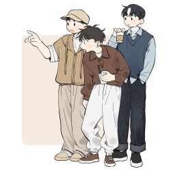 Rule 34 | 3boys, :o, arm at side, baseball cap, black footwear, black hair, black pants, brown sweater, buttons, capri pants, cowlick, drink, full body, grey footwear, hand in pocket, hand up, hat, highres, holding, holding drink, hood, hood down, hoodie, layered sleeves, leaning, long sleeves, looking to the side, mannerer62, multiple boys, open mouth, original, pants, pointing, shoes, short hair, short over long sleeves, short sleeves, simple background, sleeveless, sleeveless sweater, sneakers, standing, surprised, sweater, three quarter view, turtleneck, white background, white pants, wing collar, zipper