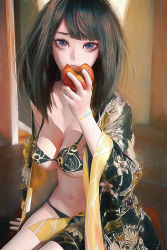 Rule 34 | 1girl, apple, bikini, black hair, blue eyes, breasts, closed mouth, floral print, food, fruit, hair over shoulder, hand up, highres, holding, holding food, holding fruit, indoors, japanese clothes, kimono, long hair, long sleeves, looking at viewer, medium breasts, navel, off shoulder, open clothes, open kimono, original, red apple, ryan tien, sitting, solo, stomach, swimsuit, upper body, wide sleeves