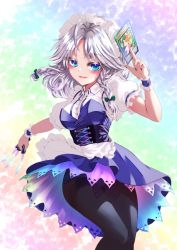 Rule 34 | 1girl, ahoge, apron, arm up, between fingers, black pantyhose, blue dress, blue eyes, blue nails, blue panties, blush, bow, braid, breasts, card, collared shirt, corset, dress, feet out of frame, frilled cuffs, frilled sleeves, frills, green bow, hair bow, hair ribbon, highres, holding, holding card, holding knife, izayoi sakuya, knife, legs together, looking at viewer, maid, maid apron, maid headdress, maneki-neko, medium breasts, medium hair, nail polish, nomayo, panties, panties under pantyhose, pantyhose, pantyshot, parted lips, petticoat, puffy short sleeves, puffy sleeves, rainbow background, rainbow gradient, ribbon, shirt, short dress, short sleeves, side braids, silver hair, smile, solo, thighs, touhou, tress ribbon, twin braids, unconnected marketeers, underwear, upskirt, white apron, white headwear, white shirt, wrist cuffs