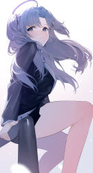 Rule 34 | 1girl, black skirt, blue archive, blue eyes, blush, closed mouth, feet out of frame, formal, halo, highres, koyo akio, long hair, long sleeves, mechanical halo, pleated skirt, purple hair, shirt, simple background, sitting, skirt, solo, suit, white background, white shirt, yuuka (blue archive)