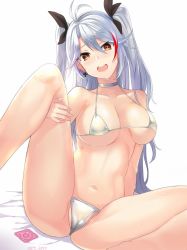 Rule 34 | 1girl, antenna hair, ashita (2010), azur lane, bad id, bad twitter id, bare shoulders, bikini, black ribbon, blush, breasts, brown eyes, choker, collarbone, condom, condom wrapper, cross, cross earrings, crotch, earrings, hair between eyes, hair ribbon, iron cross, jewelry, knee up, large breasts, long hair, looking at viewer, multicolored hair, navel, open mouth, prinz eugen (azur lane), ribbon, silver hair, simple background, sitting, solo, spread legs, streaked hair, sweat, swimsuit, thighs, two side up, white background, white bikini