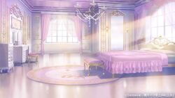 Rule 34 | artist name, bed, bedroom, blanket, cabinet, chandelier, cosmetics, curtains, day, highres, himeno aimu, indie virtual youtuber, indoors, muntins, no humans, official art, painting (object), pillow, rug, scenery, stool, sugawa mako, sunlight, table, vanity table, wall lamp, window
