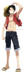 Rule 34 | 1boy, abs, black hair, full body, hat, long image, male focus, meissdes, monkey d. luffy, one piece, open clothes, open vest, sandals, scar, shorts, smile, solo, standing, straw hat, tall image, teeth, vest