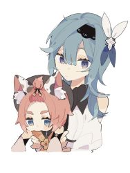 Rule 34 | 2girls, animal ear fluff, animal ears, bangs pinned back, bare shoulders, black hairband, blue eyes, blue hair, cat ears, cat girl, closed mouth, cropped torso, detached sleeves, diona (genshin impact), eula (genshin impact), genshin impact, hair between eyes, hair ornament, hairband, hat, highres, multiple girls, pink hair, simple background, sui1025, white background