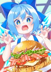 Rule 34 | + +, 1girl, absurdres, bacon, blue eyes, blue hair, blush, bow, burger, cirno, claw pose, drooling, food, french fries, fried egg, hair bow, highres, open mouth, re mistar, short hair, solo, touhou