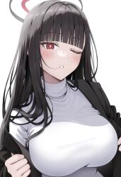 Rule 34 | 1girl, black hair, black halo, black jacket, black suit, blazer, blue archive, blunt bangs, blush, breasts, clenched hands, commentary request, formal, hair in own mouth, hair intakes, hair over shoulder, halo, head tilt, highres, jacket, large breasts, light blush, long hair, looking at viewer, off shoulder, ojyomu, one eye closed, parted bangs, parted lips, red eyes, rio (blue archive), sidelocks, solo, suit, sweater, teeth, turtleneck, turtleneck sweater, upper body, very long hair, white sweater