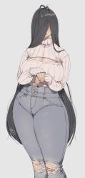 Rule 34 | 1girl, absurdres, bandaid, bandaid on knee, bandaid on leg, blush, breasts, cleavage, cleavage cutout, clothing cutout, curvy, dated, denim, grey background, hair over eyes, highres, huge breasts, jeans, large breasts, long hair, messy hair, muroku (aimichiyo0526), original, pants, plump, simple background, solo, sweater, thick thighs, thighs, torn clothes, torn jeans, torn pants, very long hair
