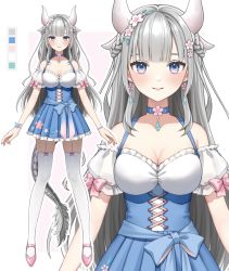 Rule 34 | 1girl, arms at sides, blue eyes, bow, bow legwear, braid, breasts, choker, cleavage, closed mouth, color guide, dress, earrings, flower, garter straps, hair flower, hair ornament, highres, horns, indie virtual youtuber, jewelry, kiko (vtuber), long hair, looking at viewer, medium breasts, multiple horns, pink footwear, puffy sleeves, see-through, see-through sleeves, shoes, smile, solo, standing, tail, tate yukimi, thighhighs, virtual youtuber, white hair, white thighhighs, zoom layer