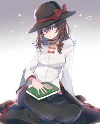 Rule 34 | 1girl, arm support, black footwear, black hat, black skirt, blush, book, bow, breasts, brown eyes, brown hair, commentary request, fedora, gradient background, grey background, hair between eyes, hair bow, hat, hat bow, head tilt, highres, long hair, long sleeves, looking at viewer, medium breasts, red bow, satoupote, shirt, shoes, sitting, skirt, solo, star (symbol), touhou, usami renko, wariza, white background, white shirt, wide sleeves