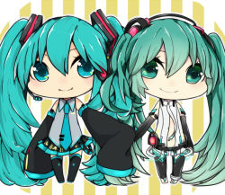 Rule 34 | 2girls, aqua eyes, aqua hair, bad id, bad pixiv id, chibi, detached sleeves, dual persona, elbow gloves, gloves, green eyes, green hair, holding hands, hatsune miku, hatsune miku (append), headset, long hair, mone (alice-miku), multiple girls, necktie, skirt, sleeves past wrists, smile, striped, striped background, thighhighs, twintails, very long hair, vocaloid, vocaloid append