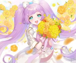 Rule 34 | 1girl, :d, ahoge, blue eyes, bouquet, bow, commentary request, cowboy shot, dress, falling petals, floral background, flower, from above, hair bow, holding, holding bouquet, long hair, looking at viewer, looking up, manaka laala, nanceee 305, open mouth, orange flower, orange rose, petals, pretty series, pripara, purple hair, rose, smile, solo, standing, twintails, very long hair, white bow, white dress, yellow flower