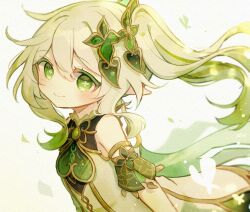 Rule 34 | 1girl, bare shoulders, blush, cape, commentary request, dress, flower-shaped pupils, genshin impact, gold trim, gradient hair, green cape, green eyes, green hair, hair ornament, highres, looking at viewer, mina (sio0616), multicolored hair, nahida (genshin impact), pointy ears, ponytail, side ponytail, sidelocks, simple background, sleeveless, sleeveless dress, smile, solo, symbol-shaped pupils, traditional media, white background, white dress, white hair