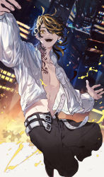 Rule 34 | 1boy, abs, absurdres, arms up, belt, black hair, black pants, blonde hair, chest tattoo, city, collarbone, cowboy shot, falling, hanemiya kazutora, highres, long hair, long sleeves, looking at viewer, male focus, mole, mole under eye, multicolored hair, neck tattoo, no legs, open clothes, open mouth, open shirt, pants, shirt, smile, solo, sooo, swept bangs, tattoo, tokyo revengers, two-tone hair, white belt, white shirt, yellow eyes