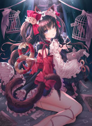 Rule 34 | 1girl, animal, animal ears, bird, birdcage, black dress, black hair, blue eyes, bow, cage, cat ears, cat tail, clockwork, curtains, develop2, doll, dress, frilled dress, frills, glint, hair bow, heart, heart-shaped pupils, heart in eye, holding, long hair, long sleeves, looking at viewer, original, parted lips, red bow, ribbon, scissors, solo, striped, stuffed animal, stuffed mouse, stuffed toy, symbol-shaped pupils, symbol in eye, tail, tail ornament, tail ribbon, two side up, zipper
