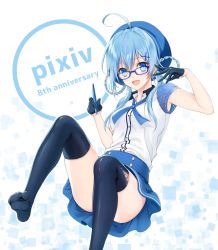 Rule 34 | 1girl, ahoge, anniversary, black gloves, black thighhighs, blue eyes, blue hair, blue skirt, convenient censoring, feet, glasses, gloves, hair ornament, hair rings, hairclip, hat, highres, looking at viewer, matching hair/eyes, open mouth, pen, pixiv, pixiv-tan, sitting, skirt, solo, stylus, thighhighs, tokki