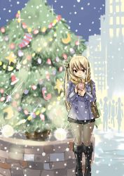 Rule 34 | 1girl, bag, bell, blonde hair, boots, breasts, brown eyes, christmas, christmas tree, fairy tail, full body, hair between eyes, handbag, holding, holding phone, jacket, long hair, looking at phone, lucy heartfilia, mashima hiro, pantyhose, phone, scarf, side ponytail, skirt, smile, solo, standing, tree