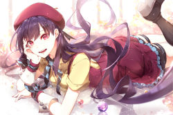 Rule 34 | 1girl, beret, boots, brown footwear, commentary request, dress, gradient background, hand on own cheek, hand on own face, hat, head rest, knee boots, long hair, looking at viewer, lying, on stomach, phino, purple hair, red eyes, solo, thigh strap, underbust, very long hair, vocaloid, wrist cuffs, xin hua