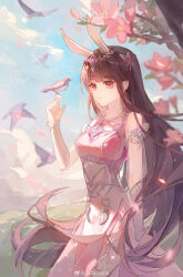 Rule 34 | 1girl, absurdres, animal ears, artist request, bare shoulders, bird, blue sky, brown hair, cloud, cowboy shot, douluo dalu, dress, dust, earrings, hair ornament, hand up, highres, jewelry, long hair, mountain, pink dress, pink eyes, rabbit ears, second-party source, sky, solo, sparkle, tree, xiao wu (douluo dalu)
