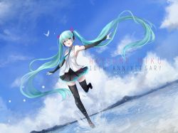 Rule 34 | 1girl, :d, anniversary, aqua eyes, aqua hair, armpits, bare shoulders, beach, bird, black skirt, blue necktie, blue sky, boots, breasts, character name, cloud, cloudy sky, collared shirt, dated, day, detached sleeves, from below, full body, hatsune miku, headphones, headset, highres, long hair, looking at viewer, mountain, necktie, open mouth, outdoors, outstretched arms, running, shirt, skirt, sky, small breasts, smile, solo, splashing, spread arms, tattoo, temachii, thigh boots, thighhighs, twintails, twitter username, very long hair, vocaloid, water, white shirt, wide shot, wing collar, zettai ryouiki