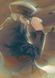 Rule 34 | 1boy, black coat, black hat, buttons, coat, commentary, creatures (company), from side, game freak, grey eyes, grey hair, hand on headwear, hand up, hat, high collar, highres, ingo (pokemon), kia shie, long sleeves, male focus, nintendo, parted lips, peaked cap, pokemon, pokemon legends: arceus, short hair, solo, torn clothes, torn coat, trench coat