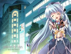 Rule 34 | 00s, 1girl, blue hair, bouquet, building, closed eyes, flower, holding hands, holding, hoshino yumemi, komatsu eiji, lantern, night, official art, official wallpaper, open mouth, outdoors, own hands together, planetarian, ribbon, smile, solo, twintails, wallpaper