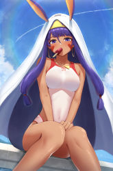 Rule 34 | 1girl, absurdres, animal ears, blue hair, blue sky, breasts, cloud, competition swimsuit, covered navel, dark-skinned female, dark skin, day, earrings, facial mark, fate/grand order, fate (series), food, highleg, highleg swimsuit, highres, hoop earrings, ice cream, jackal ears, jewelry, long hair, medium breasts, medjed (fate), mouth hold, necklace, nitocris (fate), nitocris (fate/grand order), nitocris (swimsuit assassin) (fate), nitocris (swimsuit assassin) (second ascension) (fate), one-piece swimsuit, particle sfs, popsicle, purple eyes, sky, solo, swimsuit, wet