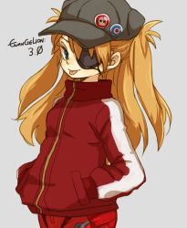 Rule 34 | 10s, 1girl, :p, animal hat, badge, blue eyes, button badge, cat hat, copyright name, evangelion: 3.0 you can (not) redo, eyepatch, hands in pockets, hat, jacket, long hair, neon genesis evangelion, orange hair, pants, pin, plugsuit, rebuild of evangelion, smile, solo, souryuu asuka langley, tongue, tongue out, track jacket, track pants, twintails, two side up, yukke