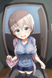 Rule 34 | 1girl, absurdres, apartment, blue eyes, blue hair, blush, bra, breasts, crying, door, fang, grey hair, highres, hmax, large breasts, looking at viewer, open clothes, open door, open mouth, rain, sad, see-through, shirt, short hair, shorts, solo, standing, tearing up, tears, thighhighs, underwear, uzaki-chan wa asobitai!, uzaki hana, wet, wet clothes, wet hair, wet shirt
