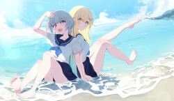 Rule 34 | 2girls, :d, absurdres, aizawa ema, aqua hair, arm up, asumi sena, back-to-back, bare legs, barefoot, beach, blonde hair, blue eyes, blue neckerchief, blue sailor collar, blue skirt, blue sky, blush, closed mouth, cloud, cloudy sky, collarbone, commentary request, day, eyelashes, fang, feet, foot up, full body, gradient hair, grey hair, hair ornament, highres, holding hands, knees together feet apart, knees up, leg up, legs, looking at viewer, miniskirt, multicolored hair, multiple girls, neckerchief, ocean, open mouth, outdoors, pink eyes, pink hair, pleated skirt, reikakrzk, sailor collar, school uniform, see-through, see-through shirt, serafuku, shirt, short hair, short sleeves, sitting, skin fang, skirt, sky, smile, soles, splashing, spread toes, streaked hair, toes, virtual youtuber, vspo!, water, wet, wet clothes, wet shirt