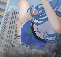 Rule 34 | 1girl, absurdres, bare shoulders, blue hair, blush, building, city, destruction, falling, from behind, giant, giantess, highres, hinanawi tenshi, long hair, migi 33, shiny skin, skirt, solo, touhou