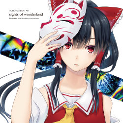 Rule 34 | 1girl, album cover, bare shoulders, black hair, bow, cover, detached sleeves, din (flypaper), face, female focus, fox mask, hair bow, hair tubes, hakurei reimu, long hair, looking at viewer, mask, ponytail, red eyes, solo, touhou, very long hair