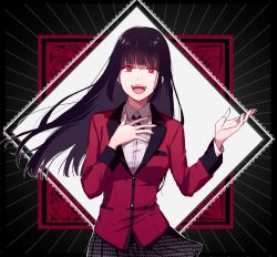 Rule 34 | 1girl, black hair, blazer, breasts, fingernails, hand on own chest, highres, hime cut, hyakkaou academy school uniform, jabami yumeko, jacket, jewelry, kakegurui, large breasts, long hair, looking at viewer, nail polish, open mouth, pleated skirt, red eyes, red jacket, red nails, ring, schally+, school uniform, shirt, skirt, solo, standing, teeth, thumb ring, upper body, upper teeth only, white shirt, wing collar