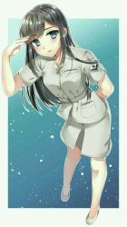Rule 34 | 1girl, aged up, asashio (kancolle), bad id, bad pixiv id, badge, black hair, blue background, blue eyes, commentary request, full body, gradient background, high heels, highres, kantai collection, lips, long hair, looking at viewer, military, military uniform, naval uniform, numao178, pumps, salute, short sleeves, skirt, solo, standing, uniform, white footwear, white skirt
