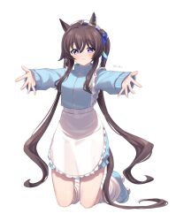 Rule 34 | 1girl, alternate costume, animal ears, apron, blue footwear, blue jacket, breasts, brown hair, closed mouth, ear covers, frilled apron, frills, hair between eyes, highres, horse ears, horse girl, horse tail, jacket, jersey maid, katuko deluxe, kneeling, long hair, long sleeves, looking at viewer, loose socks, maid, medium breasts, multicolored hair, outstretched arms, purple eyes, roller skates, simple background, single ear cover, skates, smile, socks, solo, spread arms, spread fingers, streaked hair, tail, twintails, umamusume, unconventional maid, very long hair, vivlos (umamusume), white background, white hair, white headwear, white socks